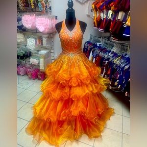 Childs Size 10 Bright Orange Beaded Corset Back Long Pageant Ballgown Dress
